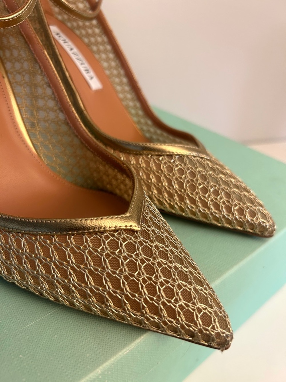 Aquazzura Asha Mesh Pump 85 Metallic Gold Pointed Toe AUTHENTIC - Picture 10 of 11